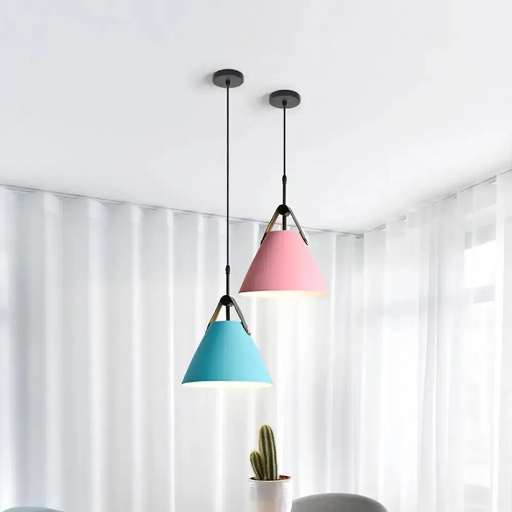 Macaron Pendant Light Kit - Aluminum 1-Head Truncated Cone Snack Bar Hanging Fixture in Pink/Blue/Yellow with Leather Strap