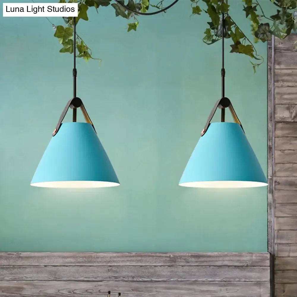 Macaron Pendant Light Kit - Aluminum 1-Head Truncated Cone Snack Bar Hanging Fixture in Pink/Blue/Yellow with Leather Strap