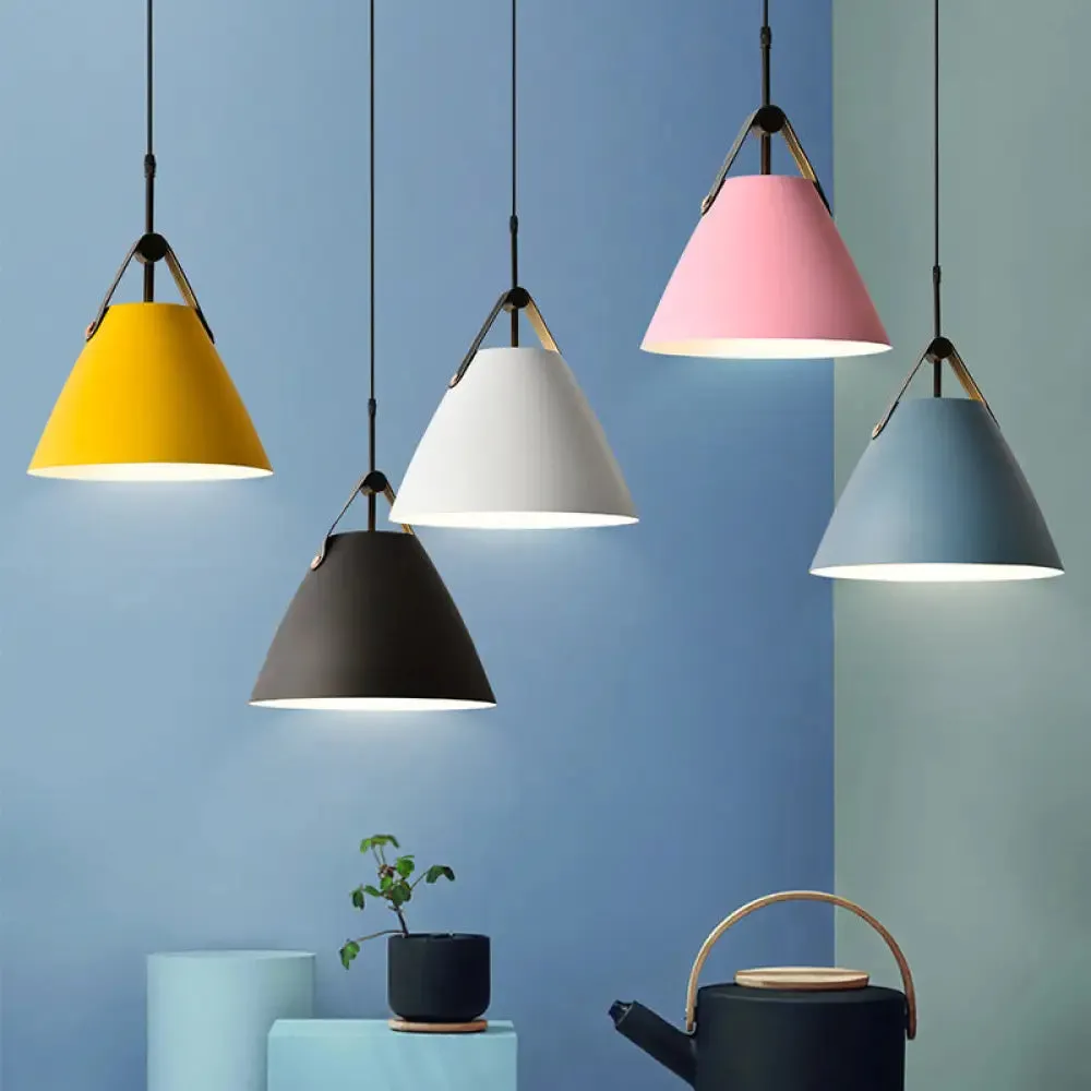 Macaron Pendant Light Kit - Aluminum 1-Head Truncated Cone Snack Bar Hanging Fixture in Pink/Blue/Yellow with Leather Strap