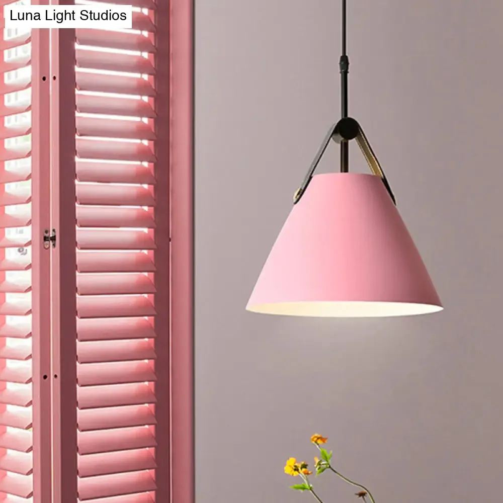 Macaron Pendant Light Kit - Aluminum 1-Head Truncated Cone Snack Bar Hanging Fixture in Pink/Blue/Yellow with Leather Strap