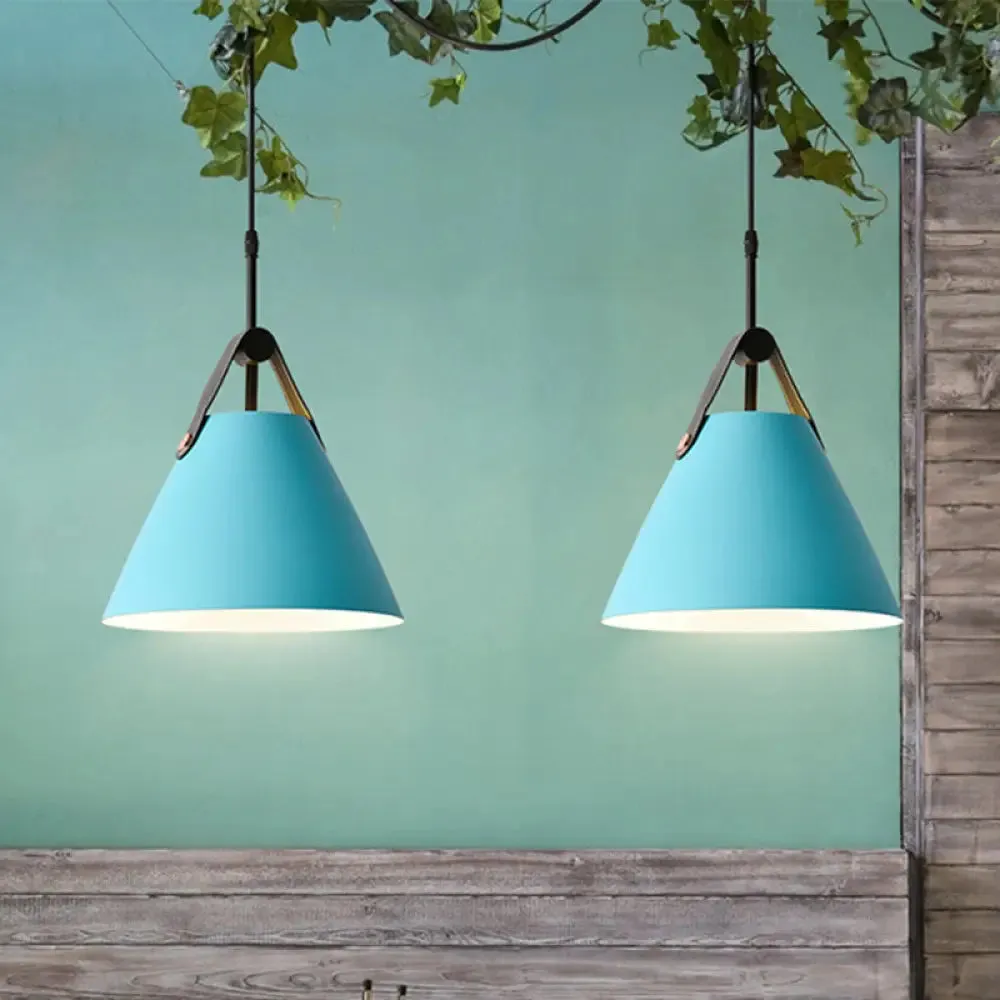 Macaron Pendant Light Kit - Aluminum 1-Head Truncated Cone Snack Bar Hanging Fixture in Pink/Blue/Yellow with Leather Strap