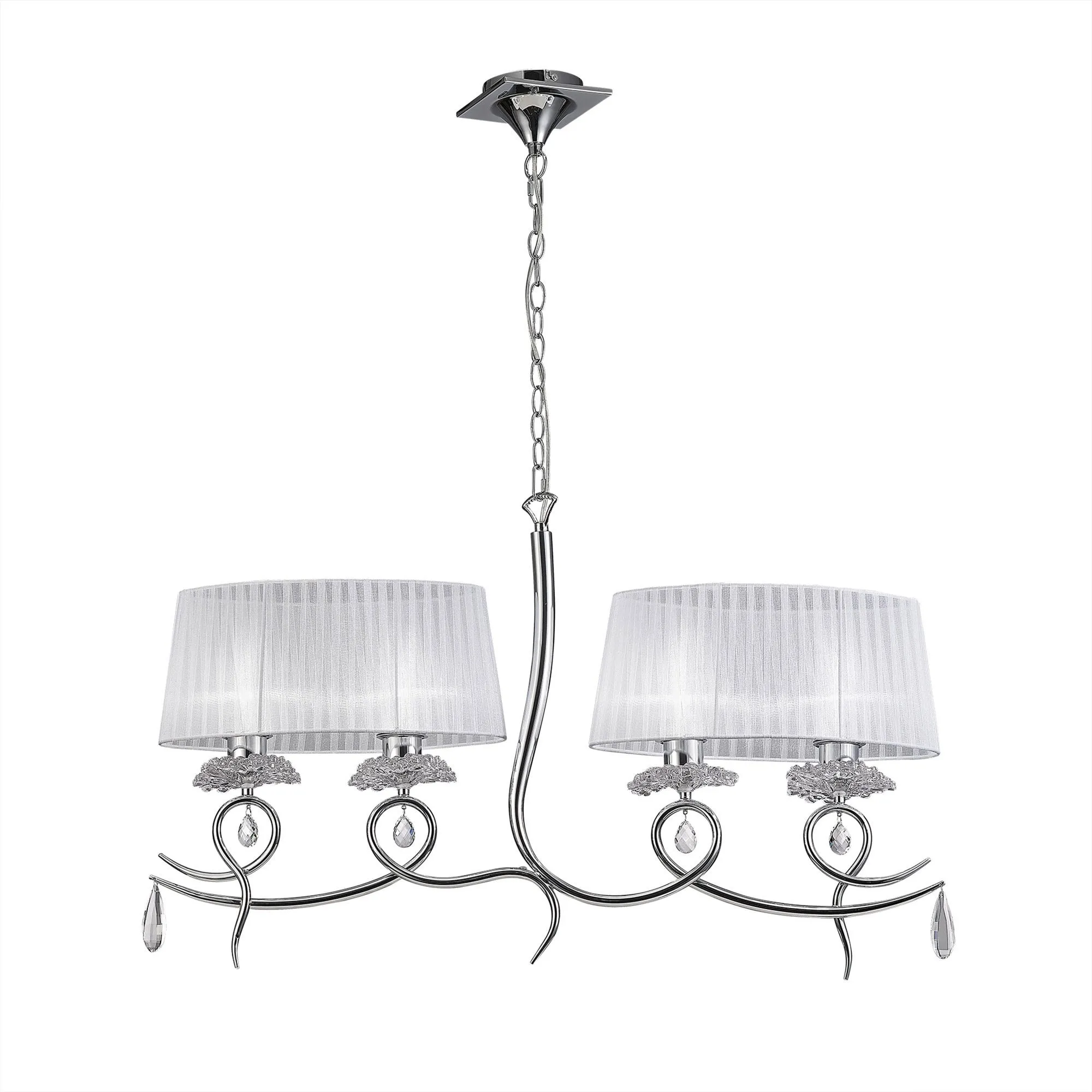 Mantra M5272 Louise Linear Pendant 2 Arm 4 Light E27 White Oval Shades Polished Chrome / Clear Crystal