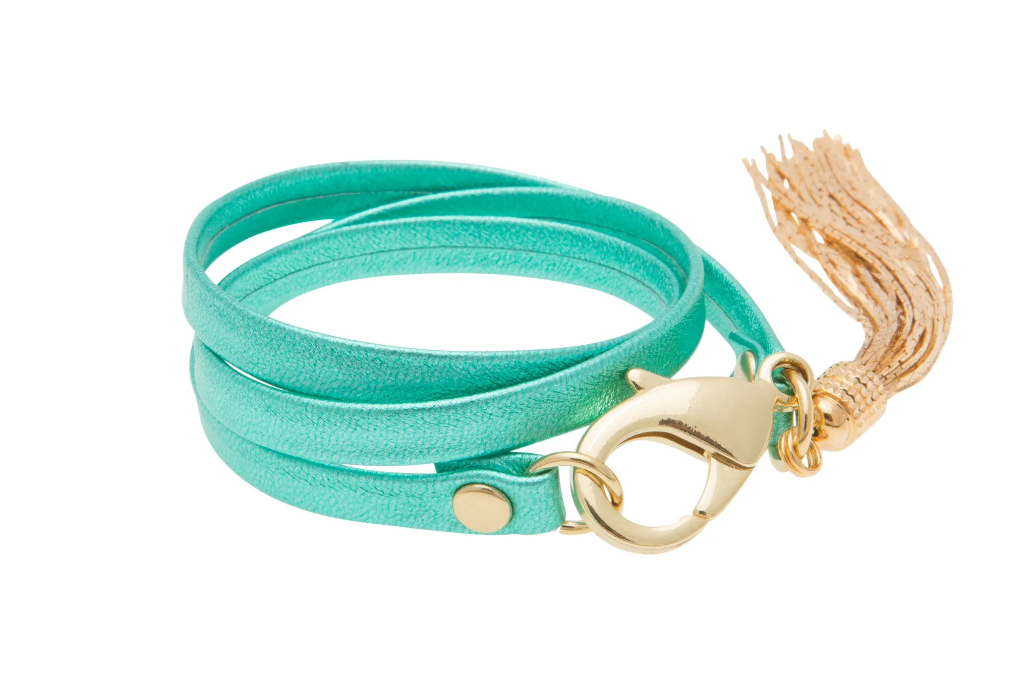 Metallic Acqua Leather Triple Wrap Tassel Bracelet