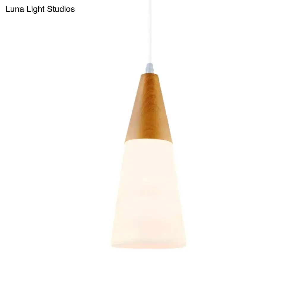 Modern Glass Cone Pendant Light with Wood Cap - White