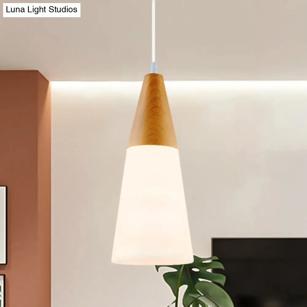 Modern Glass Cone Pendant Light with Wood Cap - White