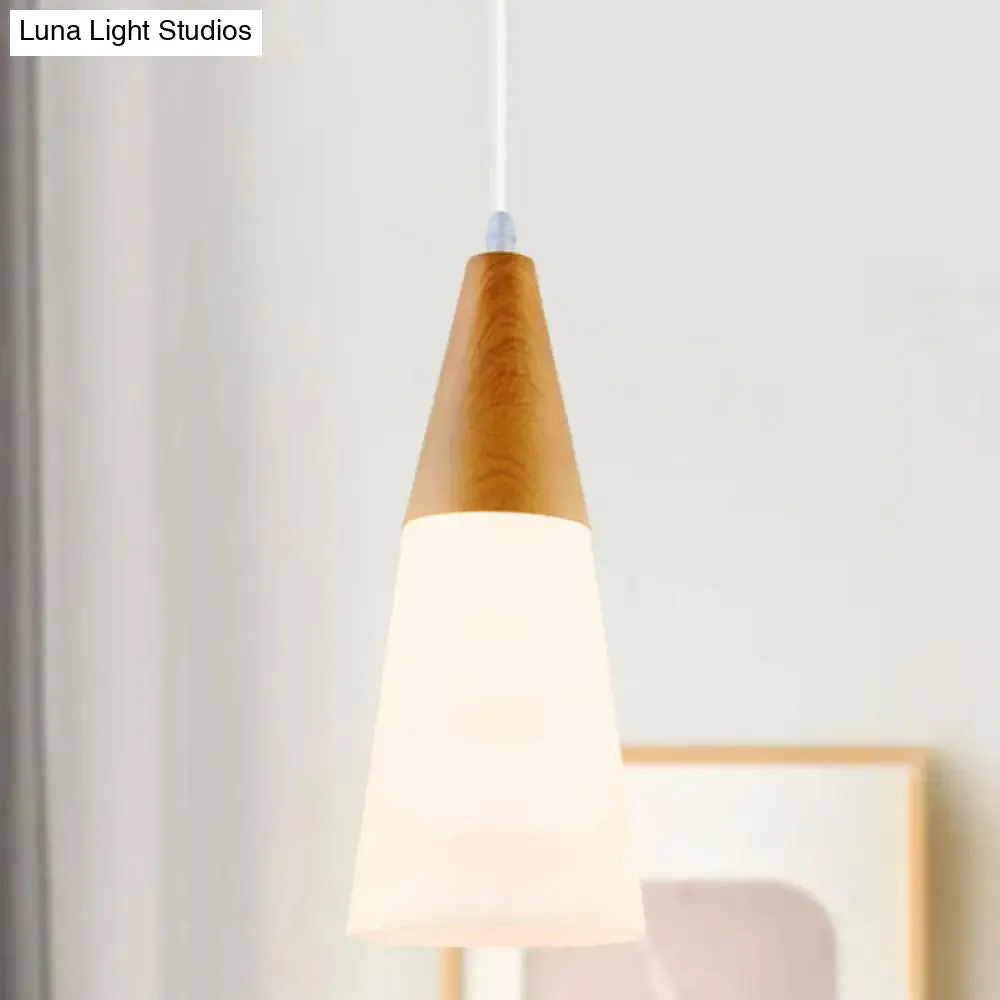 Modern Glass Cone Pendant Light with Wood Cap - White