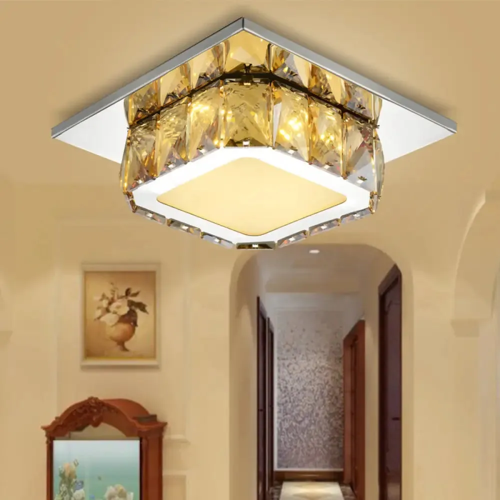 Modern LED Crystal Square Flush Mount Lamp in Clear/Amber with 3 Color Options