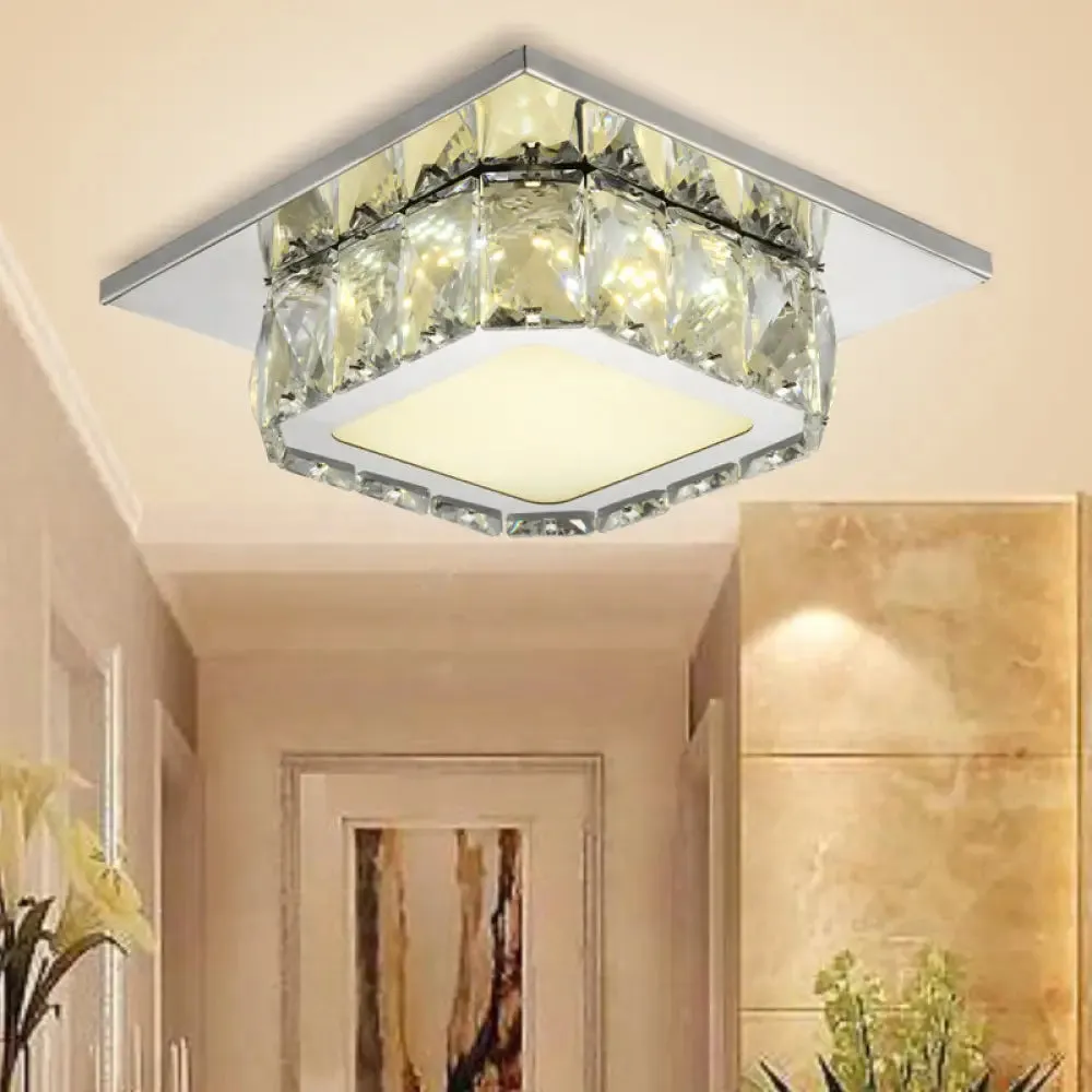 Modern LED Crystal Square Flush Mount Lamp in Clear/Amber with 3 Color Options