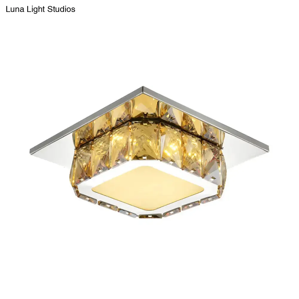 Modern LED Crystal Square Flush Mount Lamp in Clear/Amber with 3 Color Options