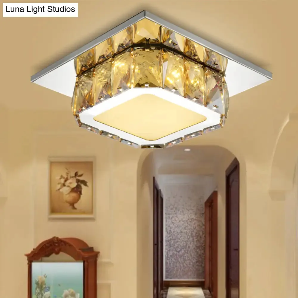 Modern LED Crystal Square Flush Mount Lamp in Clear/Amber with 3 Color Options