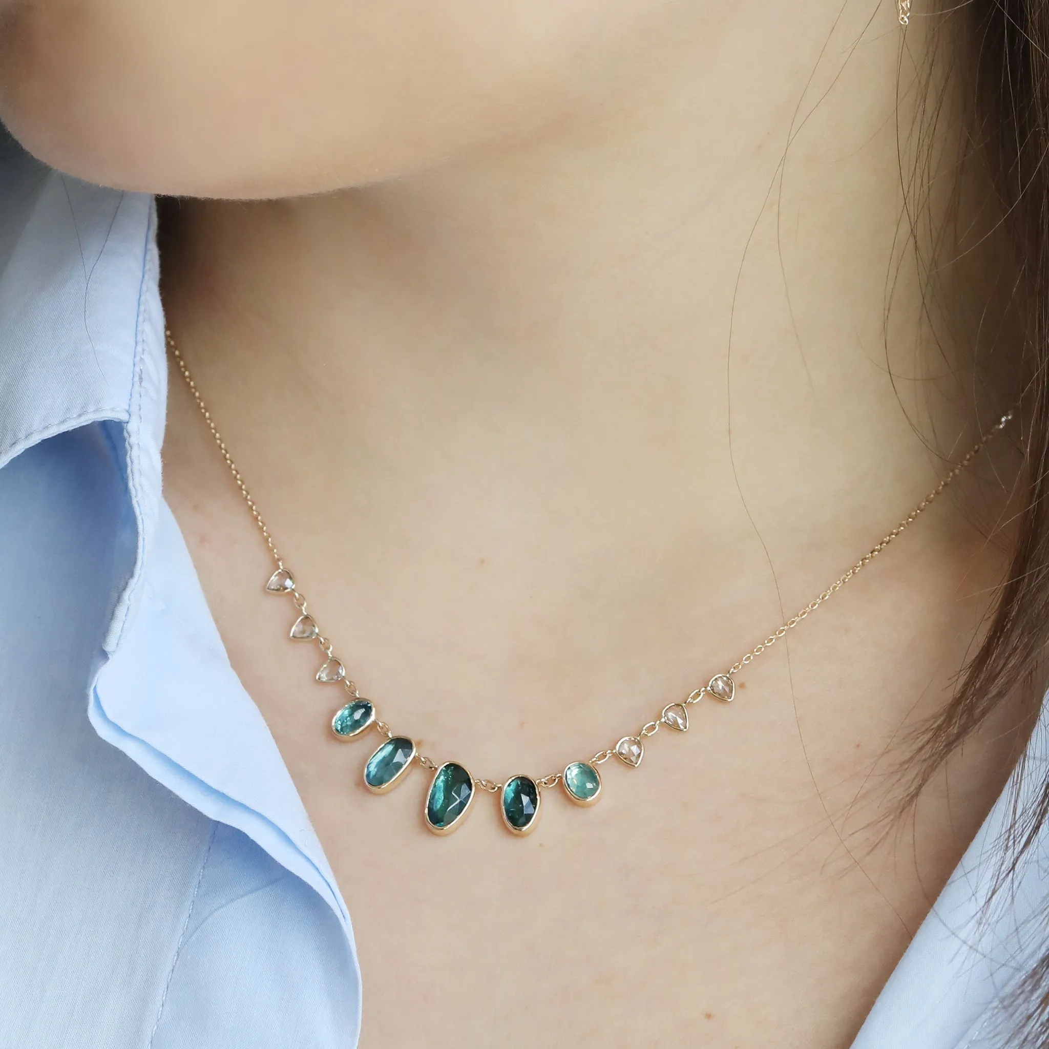 Multi Green Tourmaline Drop Necklace with Rosecut Diamonds