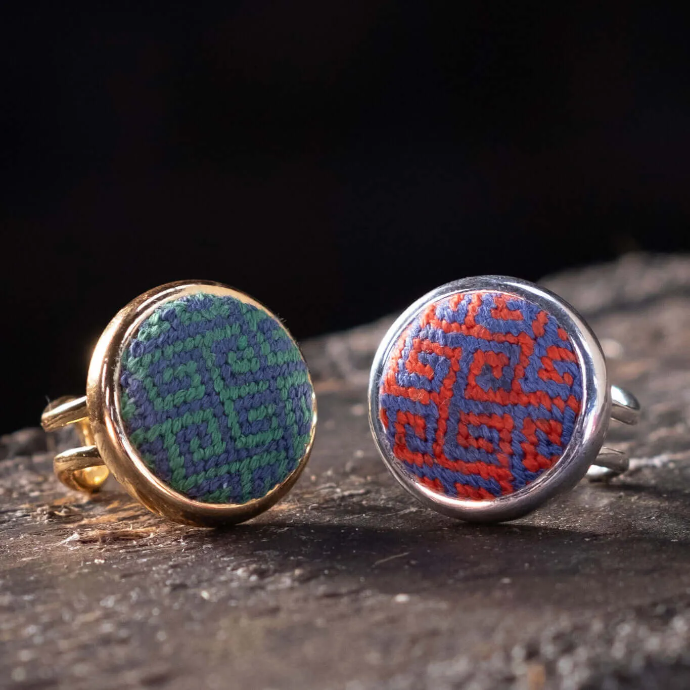 Orange and Blue Greek Key Needlepoint Ring