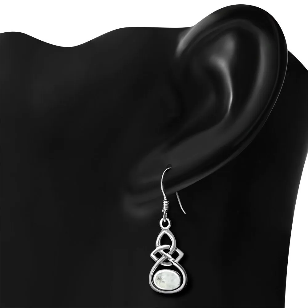 Oval Rainbow Moon Stone Celtic Knot Silver Earrings