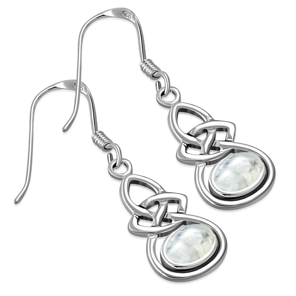 Oval Rainbow Moon Stone Celtic Knot Silver Earrings