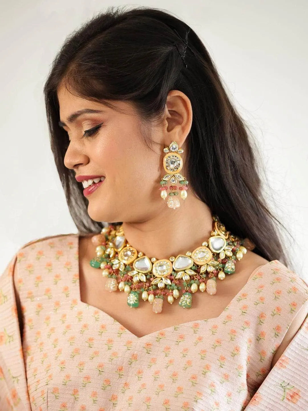 Paloma Rao In Kundan With Meena Design Necklace Set