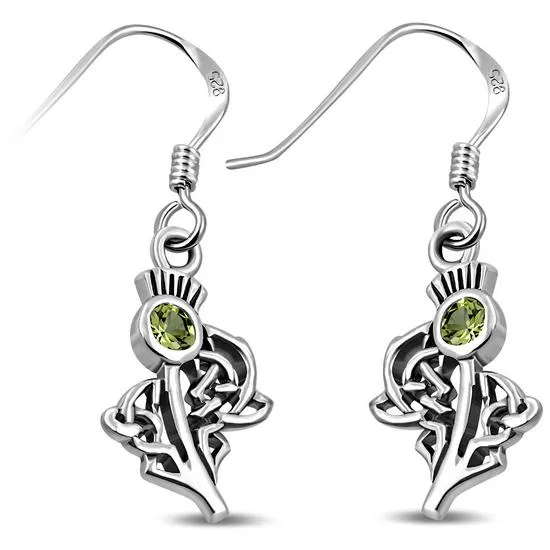 Peridot Stone Scottish Thistle Silver Earrings Set