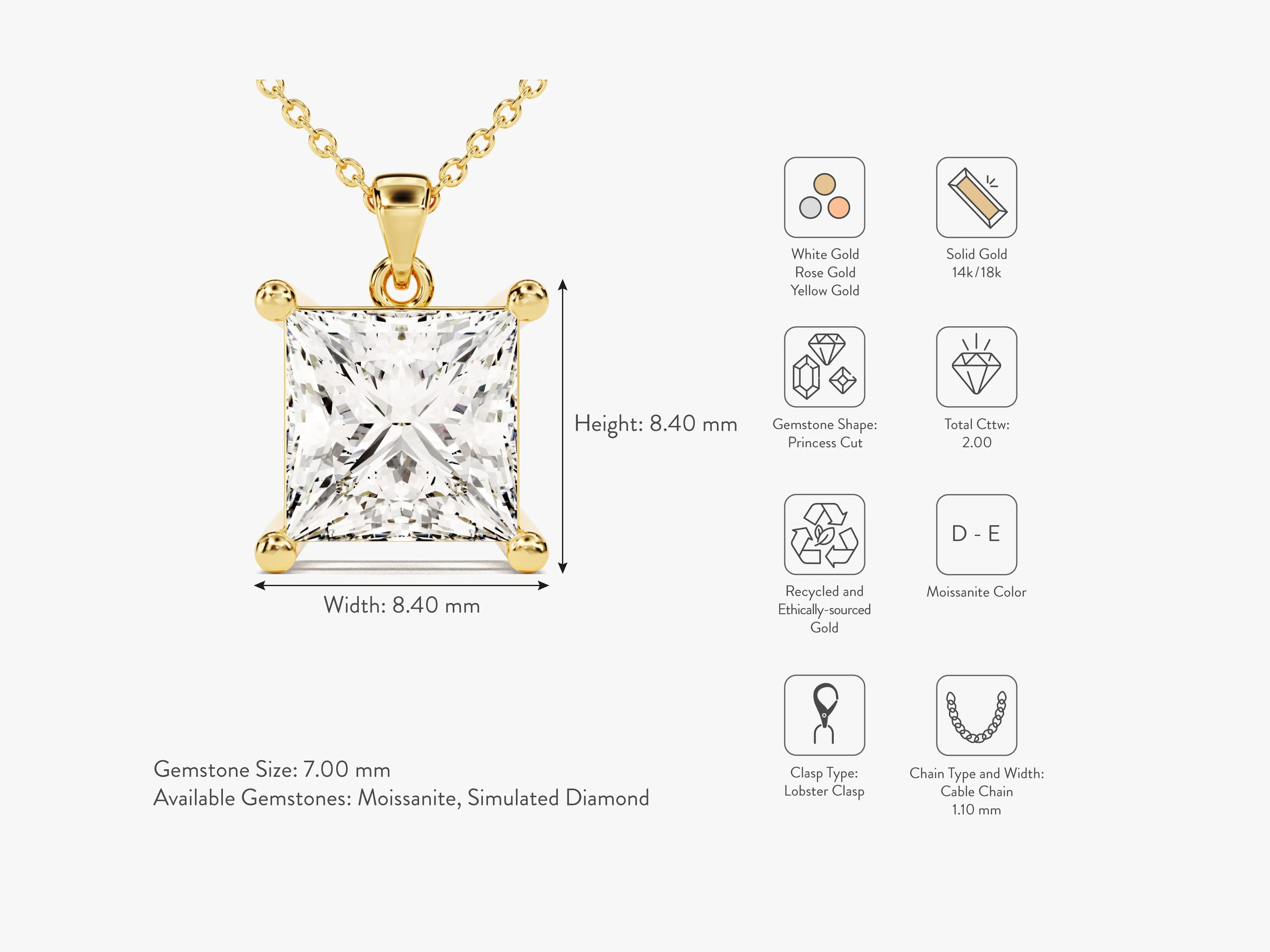 Princess Cut Lab Grown Diamond Solitaire Pendant (2.00 CT)