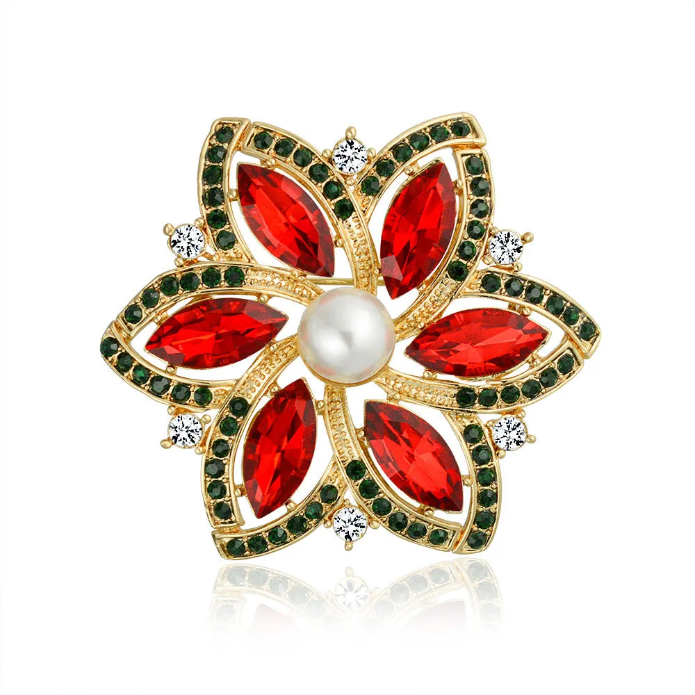 Red Marquise Crystal Pearl Poinsettia Flower Brooche Pin Gold Plated Holiday Scarf