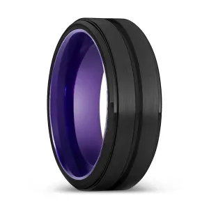 REX | Purple Ring, Black Tungsten Ring, Grooved, Stepped Edge