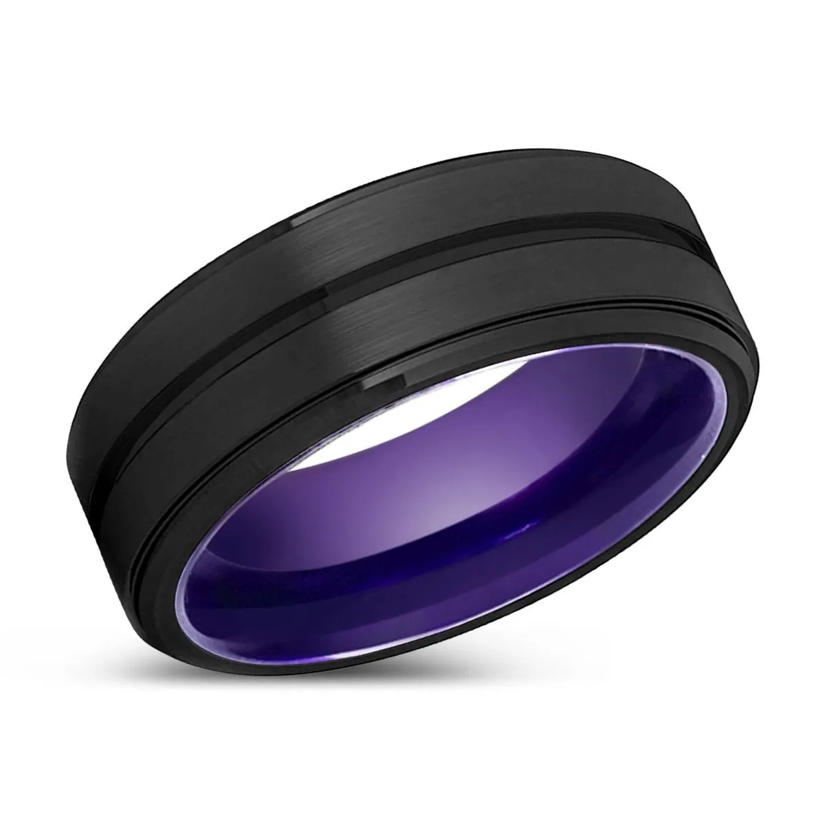 REX | Purple Ring, Black Tungsten Ring, Grooved, Stepped Edge