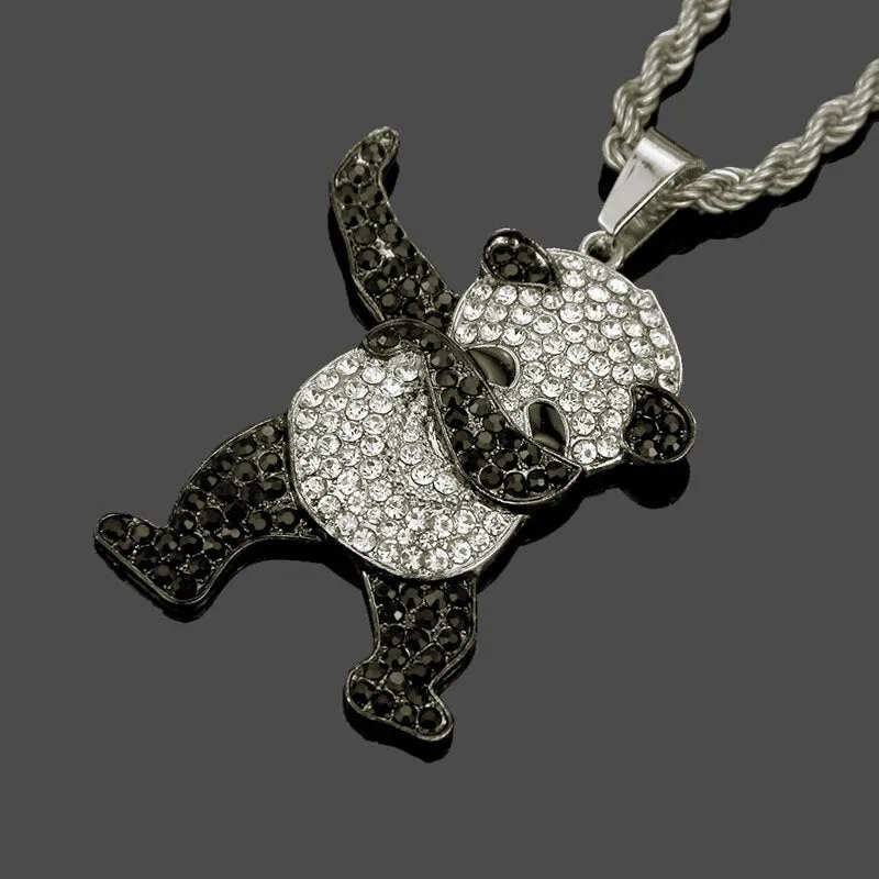 Rhinestone Luxury Hip Hop Dancing Animal Panda Pendant Iced out Rock Hip Hop Necklaces