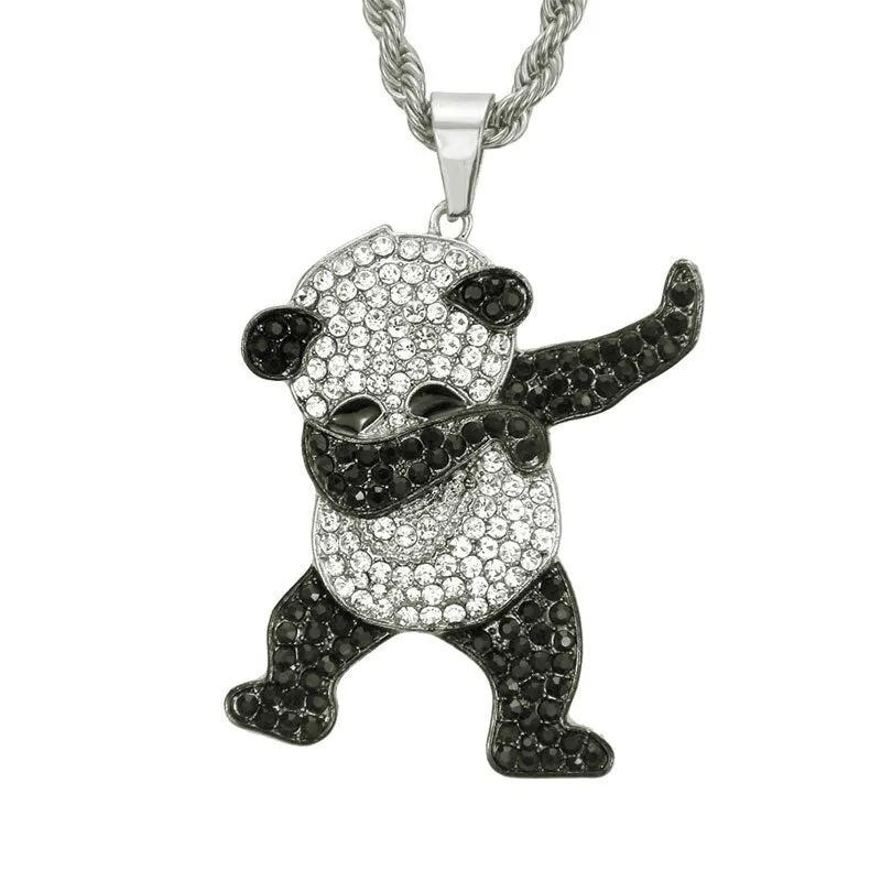 Rhinestone Luxury Hip Hop Dancing Animal Panda Pendant Iced out Rock Hip Hop Necklaces