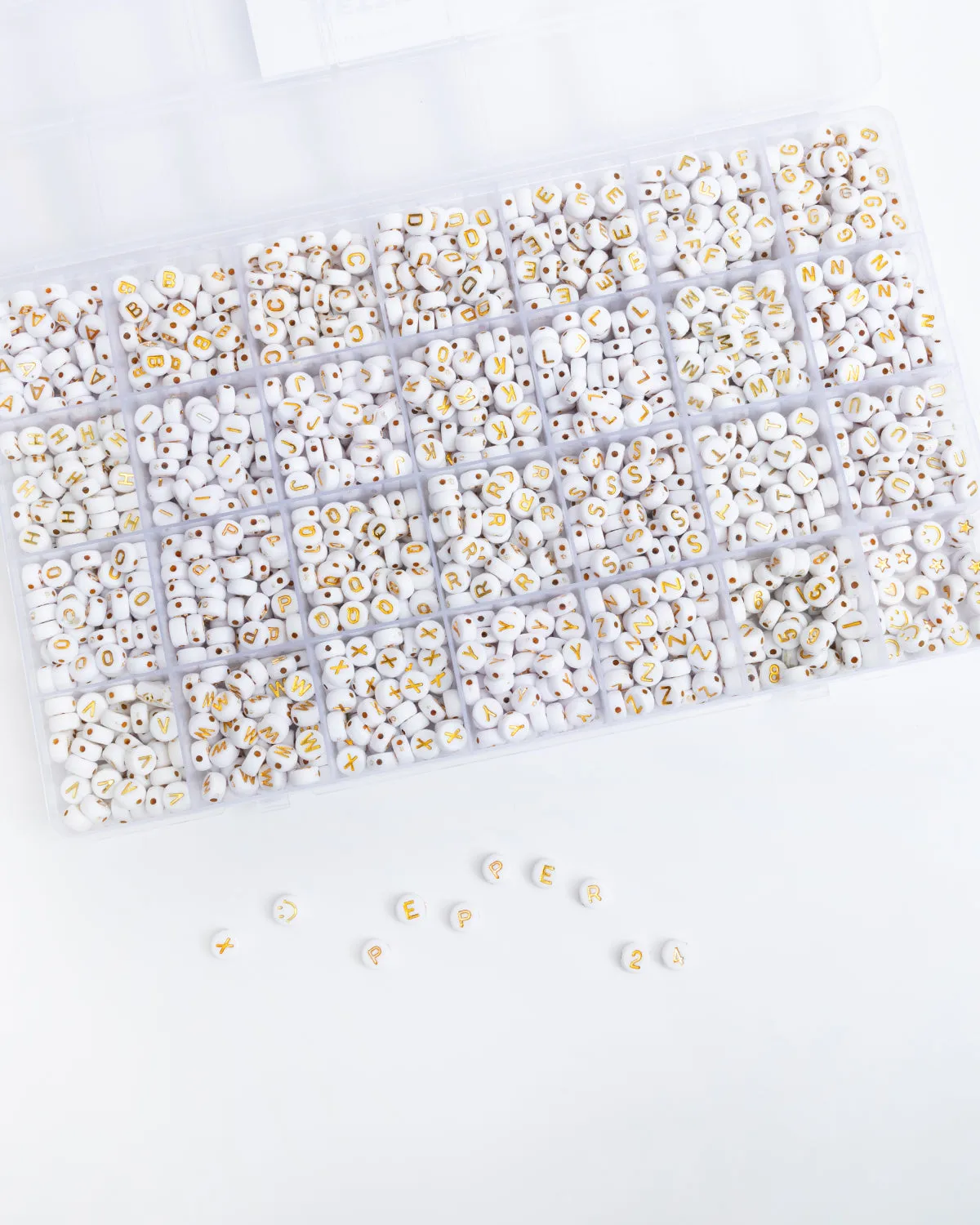 Round White with Metallic Gold 26 Letter Bead Kit Box