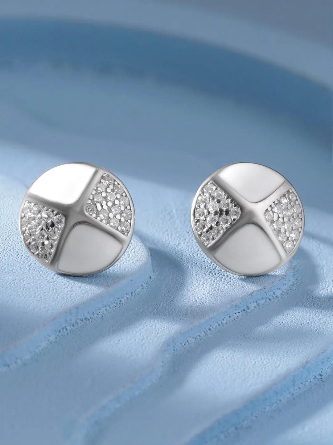 Rubans 925 Silver Petite White Silver Stud Earrings with AD Accents