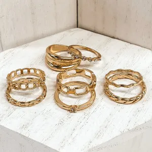 Set of 8 | Classic Chain and Crystal Ring Set in Gold Tone