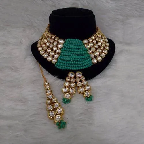 Side Kundan Centre Beads Necklace Earring And Teeka Set