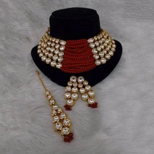 Side Kundan Centre Beads Necklace Earring And Teeka Set