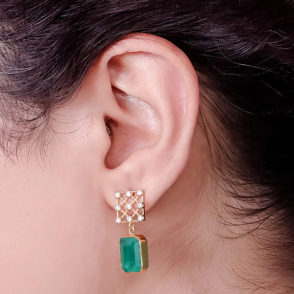 SILVER 92.5 ZIRCON STUD EARRING With Green Onyx