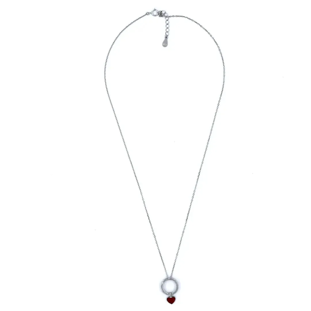 Silver Circle Pendant Necklace with Red Heart Charm