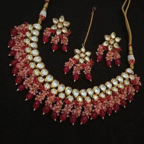 Simple Kundan Beads Necklace Teeka Set