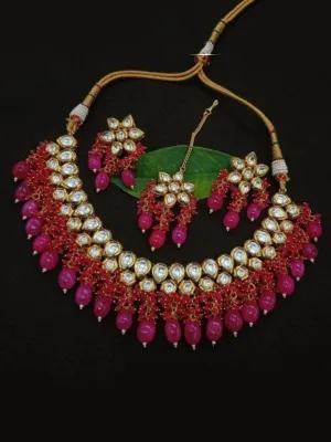 Simple Kundan Beads Necklace Teeka Set