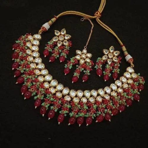 Simple Kundan Beads Necklace Teeka Set