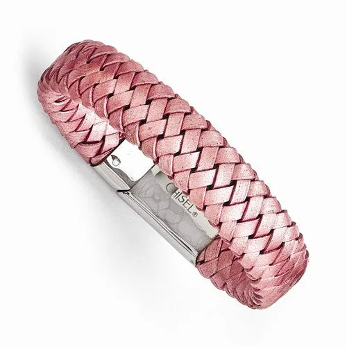 Stainless Steel Polished Metallic Pink Woven Leather Bracelet