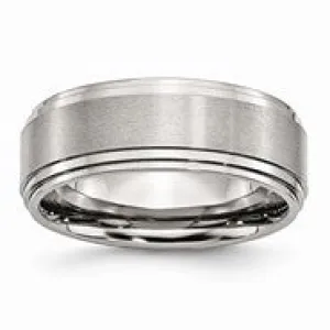 Stainless Steel Ridged Edge 8mm Brushed and Polished Wedding Band Ring