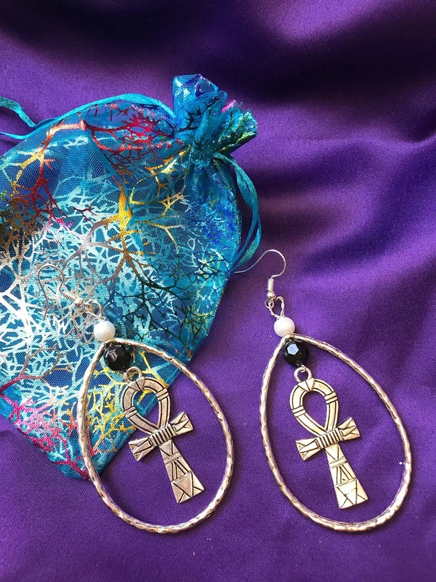 Statement Silver Earrings with Ankh Charm