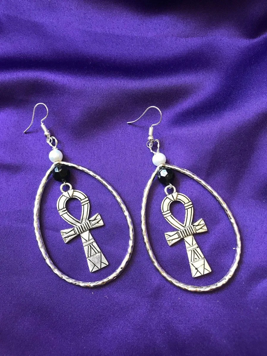 Statement Silver Earrings with Ankh Charm