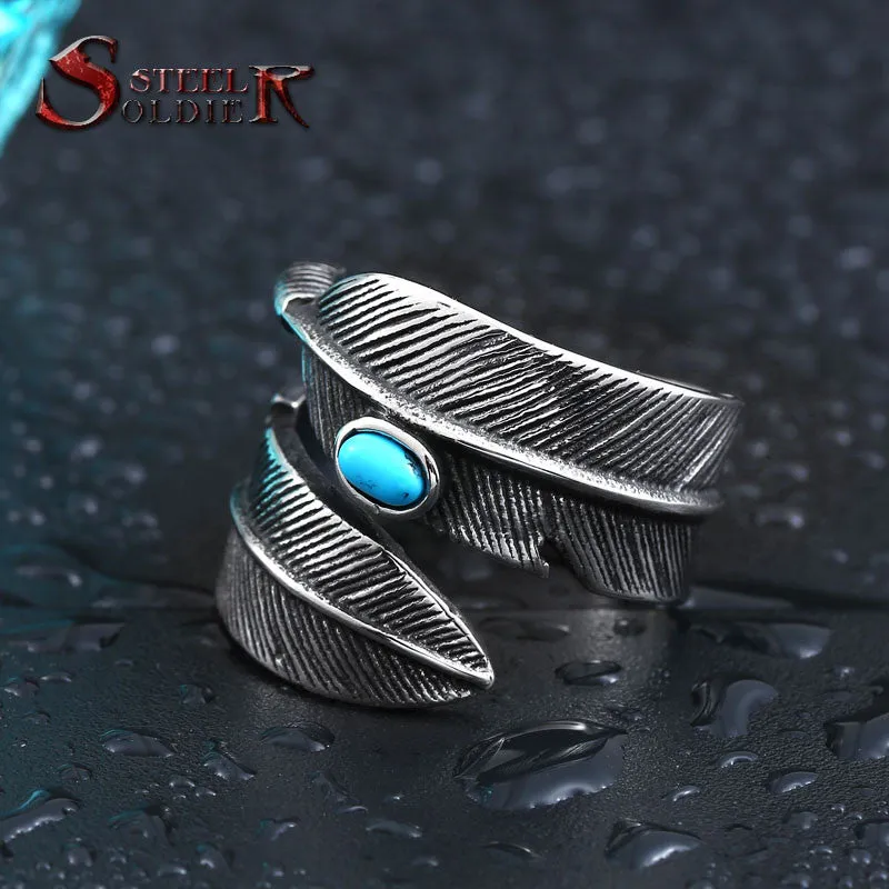 Steel soldier stainless steel feather with stone opening ring popular jewelry