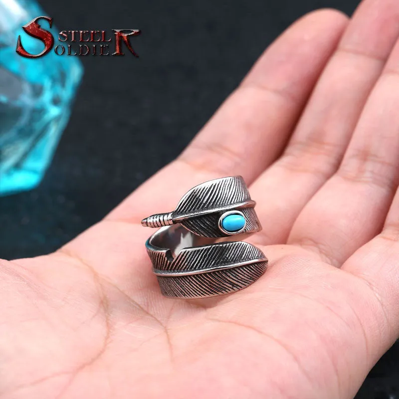 Steel soldier stainless steel feather with stone opening ring popular jewelry