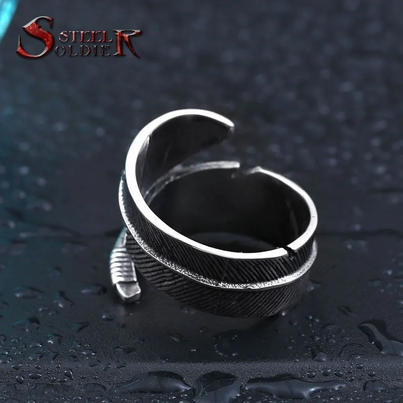 Steel soldier stainless steel feather with stone opening ring popular jewelry