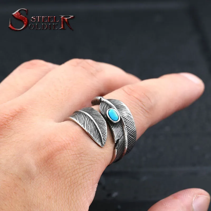 Steel soldier stainless steel feather with stone opening ring popular jewelry