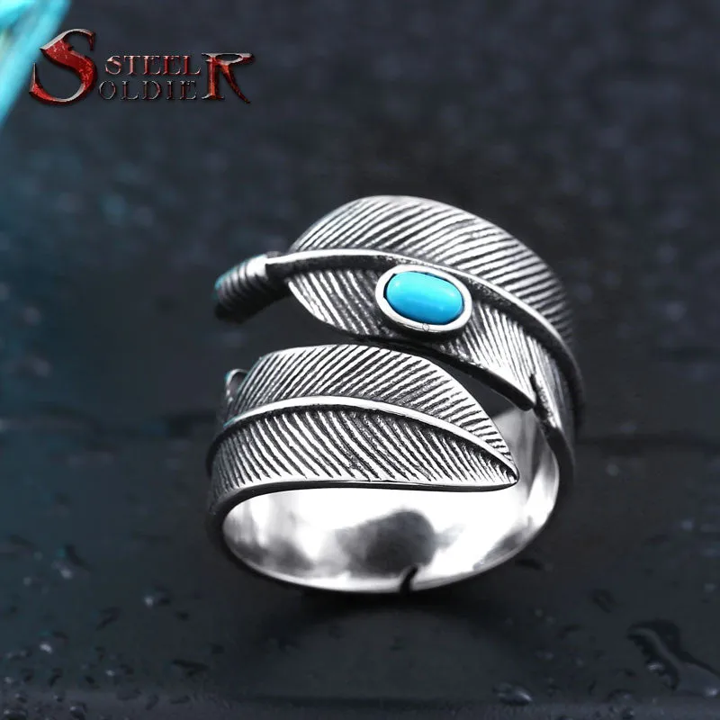 Steel soldier stainless steel feather with stone opening ring popular jewelry