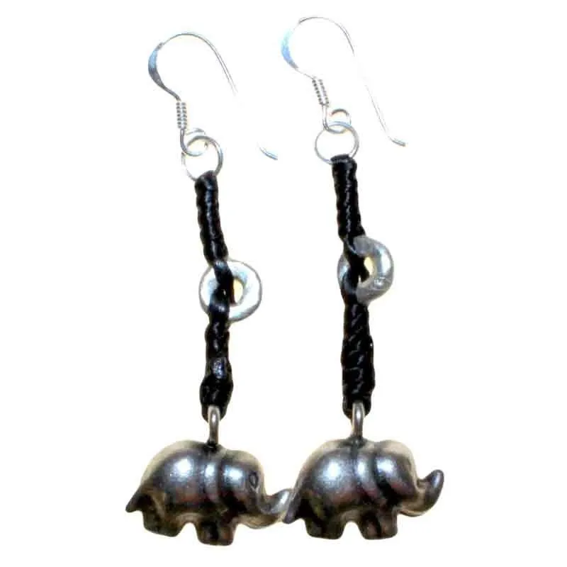 Sterling Silver & Waxed Cord Earrings - Elephant