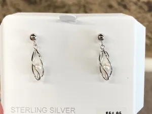 Sterling Silver Caged  Fresh Water Pearl Dangle Earrings