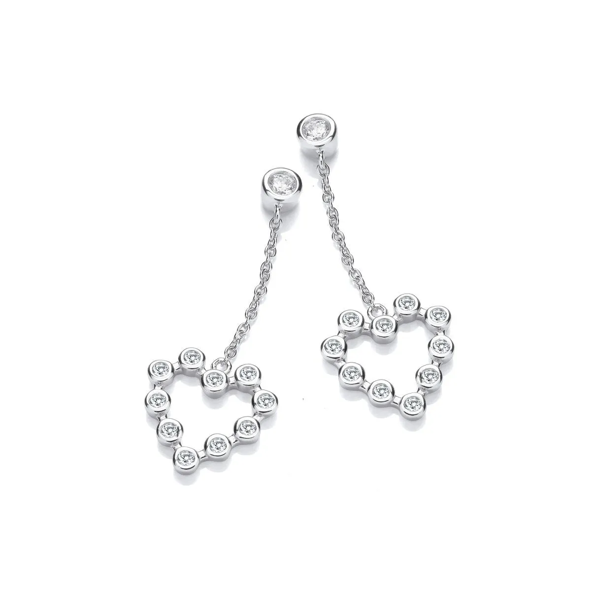 Sterling Silver Heart Chain Drop CZ Earrings