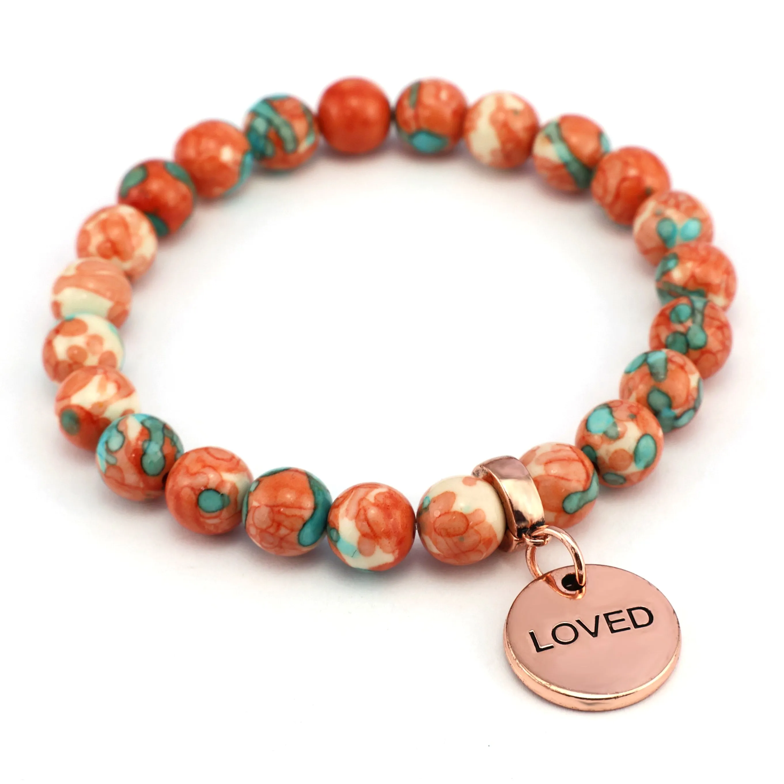 Stone Bracelet - Orange & Teal Patch Agate 8mm Beads - with Rose Gold Word Charm