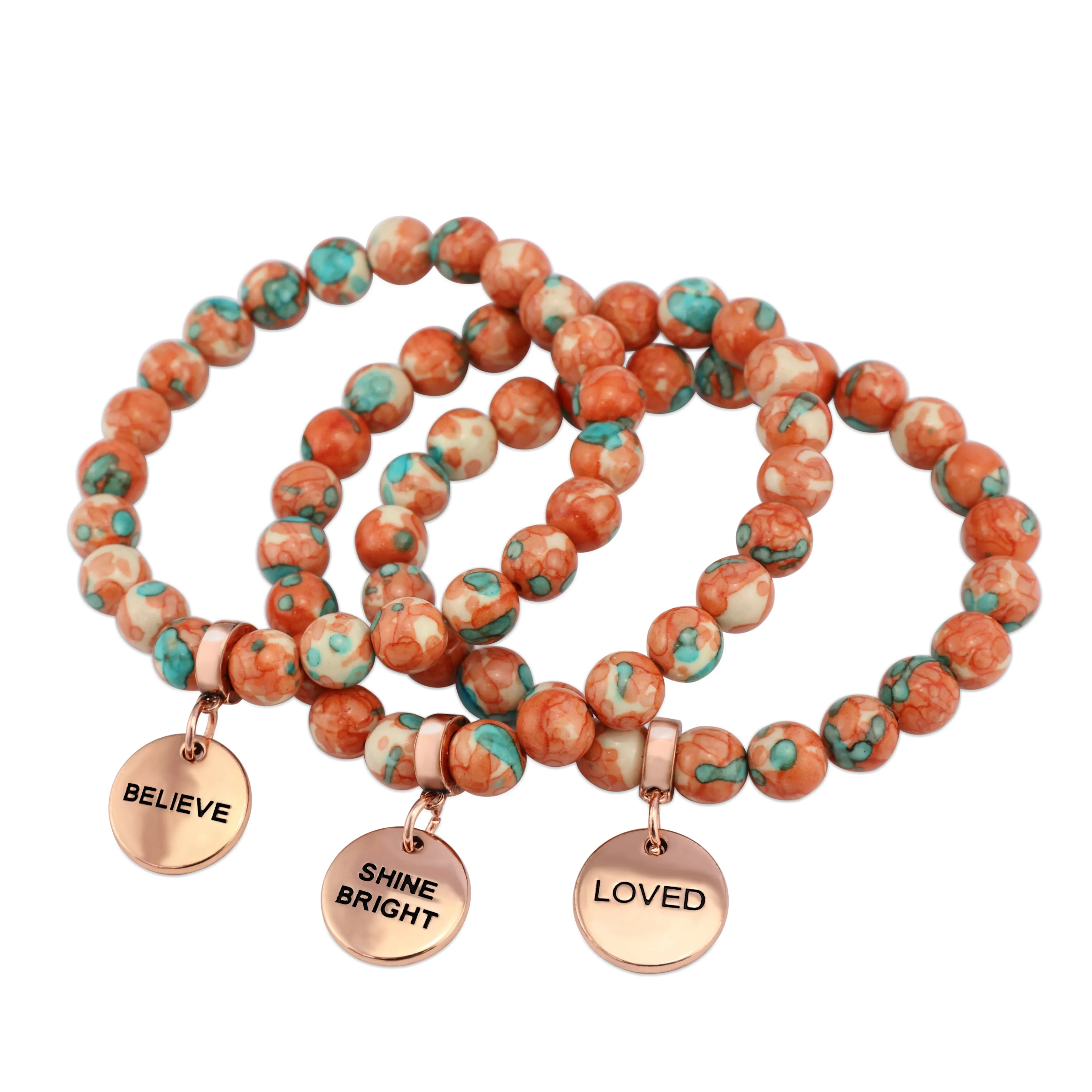 Stone Bracelet - Orange & Teal Patch Agate 8mm Beads - with Rose Gold Word Charm